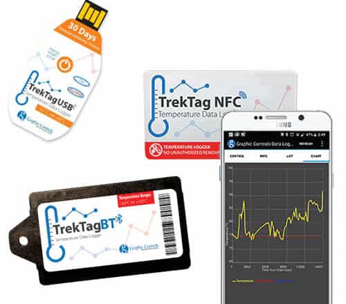 Small temperature data logger devices with Bluetooth and NFC for industrial and commercial monitoring.