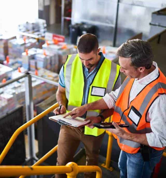 Warehouse workers discussing inventory management at Factronics USA facility.
