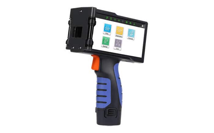 Handheld industrial barcode scanner with touchscreen display for inventory management.