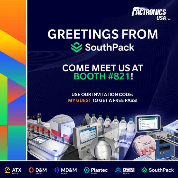 Factory automation and packaging equipment display at Factronics USA trade show.