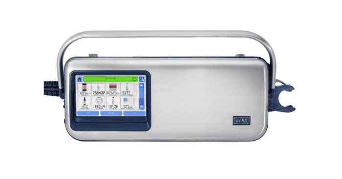 Battery-powered mobile labeling printer with touchscreen interface for industrial use.