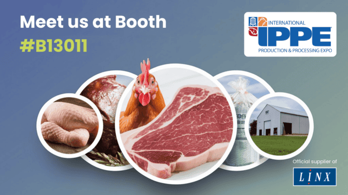 Butchered meat and poultry products at Factronics USA booth, specializing in packaging solutions for the food industry.