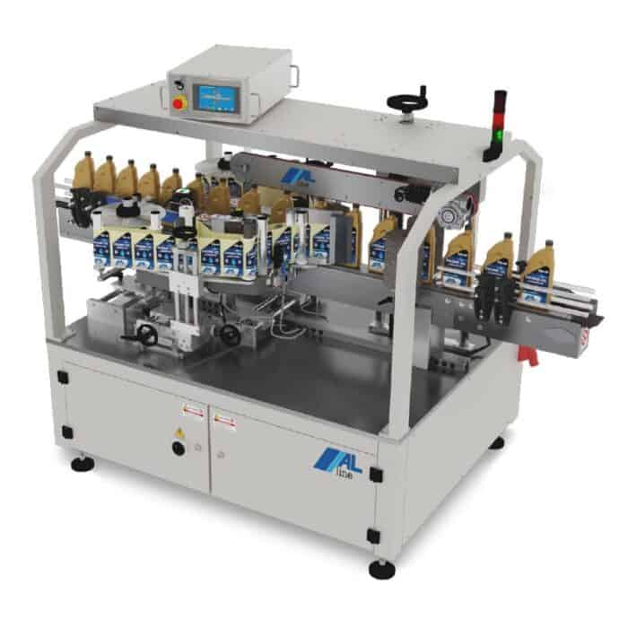 Automated bottle filling and labeling machine for liquids.
