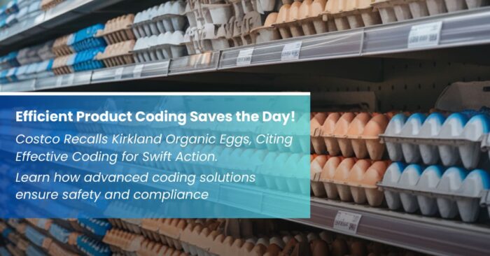 Eggs on store shelf with product coding software, retail display Crypton Recycling.