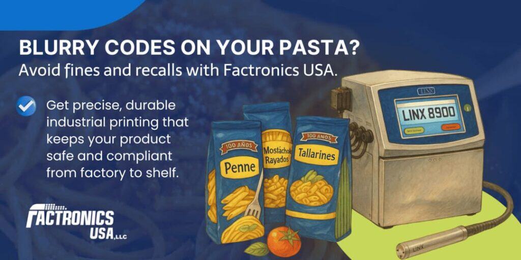 Blurry codes on pasta packaging with industrial printing equipment for factory compliance.