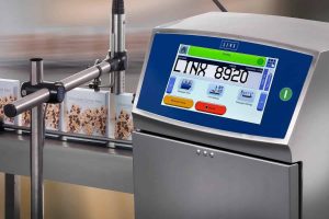 Factory automation food packaging labeling printer with touch screen interface, efficient industrial inkjet printing solution for food industry.